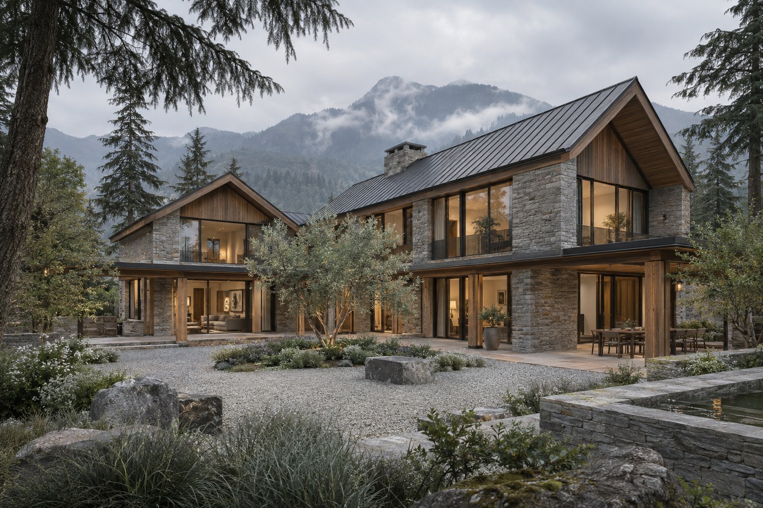 AI-generated concept visualization of a contemporary stone and timber house with pitched roofs in a Kashmir-inspired setting